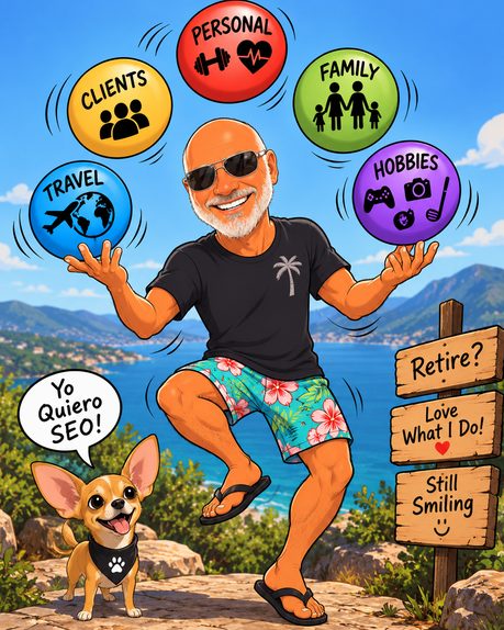Illustration of Tod Hirsch juggling five labelled spheres for clients, personal, family, travel and hobbies, beside a chihuahua saying "Yo Quiero SEO!"