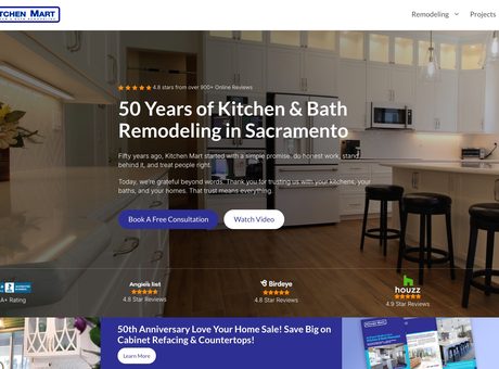 Kitchen Mart homepage headline reading 50 Years of Kitchen and Bath Remodeling in Sacramento