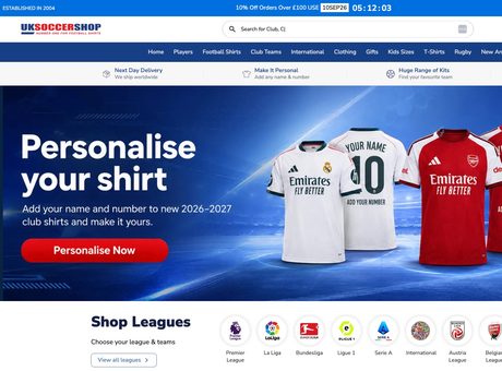 UK Soccer Shop homepage with a shirt personalisation banner and 2026-2027 club kits