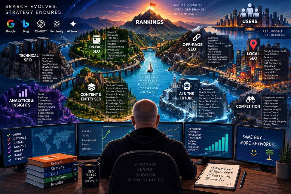 Illustration mapping the disciplines of modern search: technical SEO, on-page, content and entity SEO, off-page, local, analytics, competitive analysis and AI search, arranged as a landscape around a strategist working at a bank of monitors